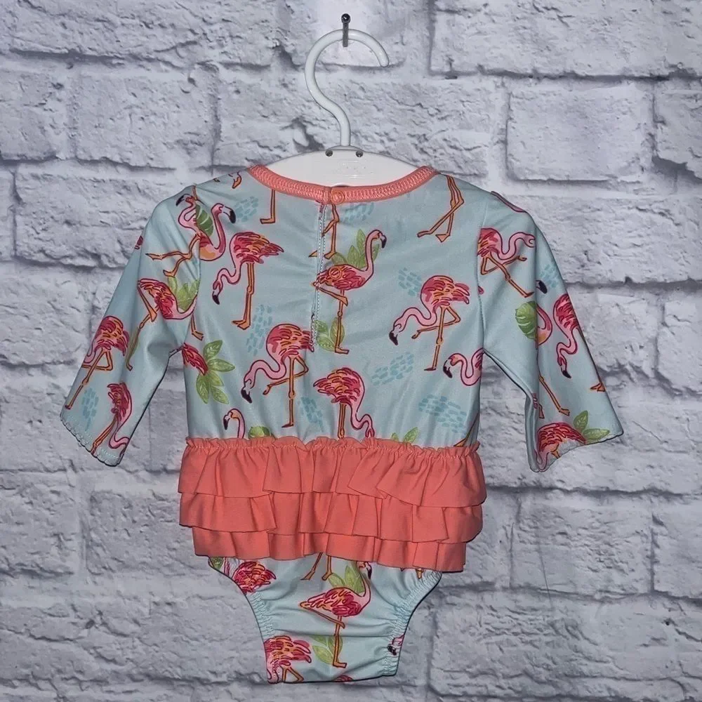 Girls Mud Pie Flamingo Rashguard Swimsuit Long sleeve Pink Ruffled back 3-6